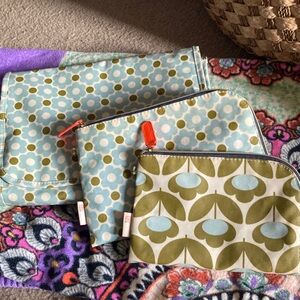 Orla Kiely 3-Piece Floral & Geometric Pouch Set - Blue & Olive Green